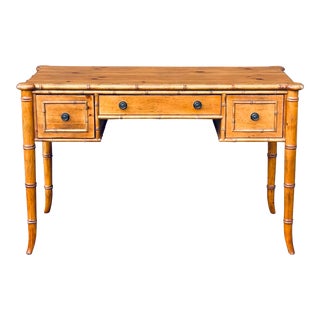 Ethan Allen Faux Bamboo Pine Writing Desk With Three Drawers For Sale