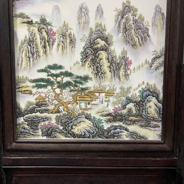 Asian Large Vintage Hardwood Table Screen, Painted Porcelain Jiangnan Scene For Sale - Image 3 of 10
