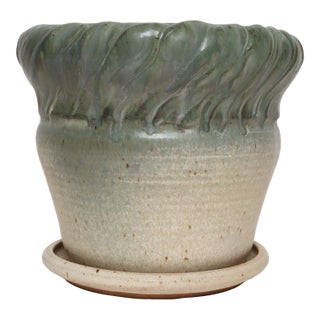Vintage Green and Beige Speckled Ceramic Planter With Saucer by Deanna Nichols For Sale