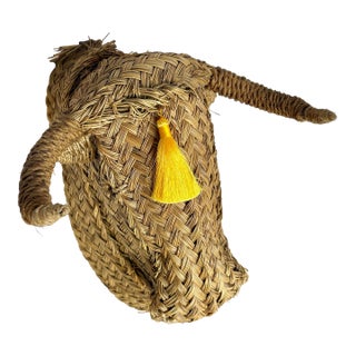 Mid 20th Century French Wicker Rattan Minotaur Bull Head Sculpture Wall Decoration For Sale