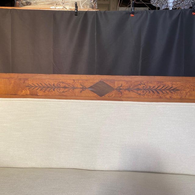 Antique French Neoclassical Biedermeier Style Marquetry Burled Walnut Sofa For Sale - Image 4 of 12