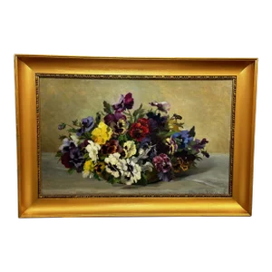 Early 20th Century Danish Oil Painting Still Life of Pansies Signed Emma L√∏ffler