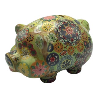 Hand Painted Mexican Folk Art Pottery Piggy Coin Bank For Sale