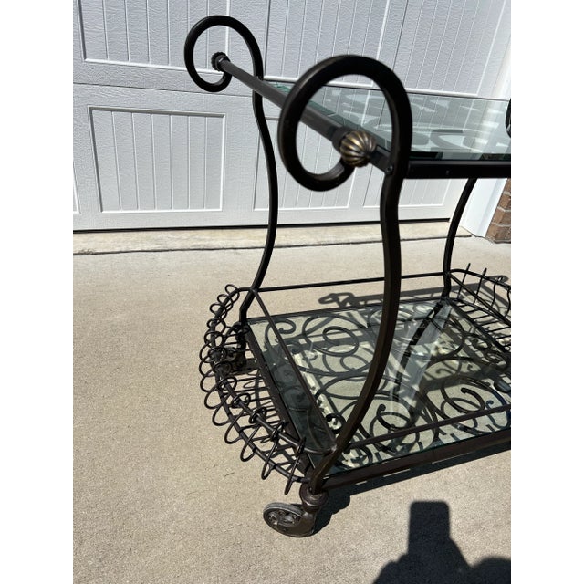 Late 20th Century Vintage Cast and Wrought Iron 2 Tier Bar Cart With Beveled Glass Tops For Sale In Lexington, KY - Image 6 of 12