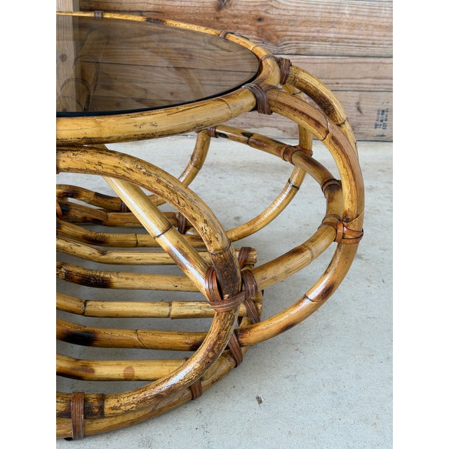 Wood Vintage Coastal Sculptural Rattan Coffee Table With Original Smoked Glass Top For Sale - Image 7 of 12