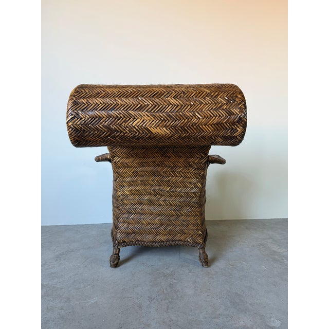 Wood Vintage Coastal Organic Sculptural Tall Roll-Back Rattan Lounge Chair With Ottoman For Sale - Image 7 of 12