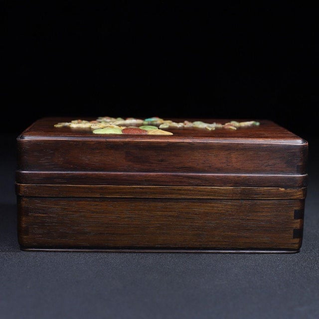 Late 20th Century Huali Rosewood Box Inlaid With Hardstone Bird Motif For Sale - Image 5 of 11