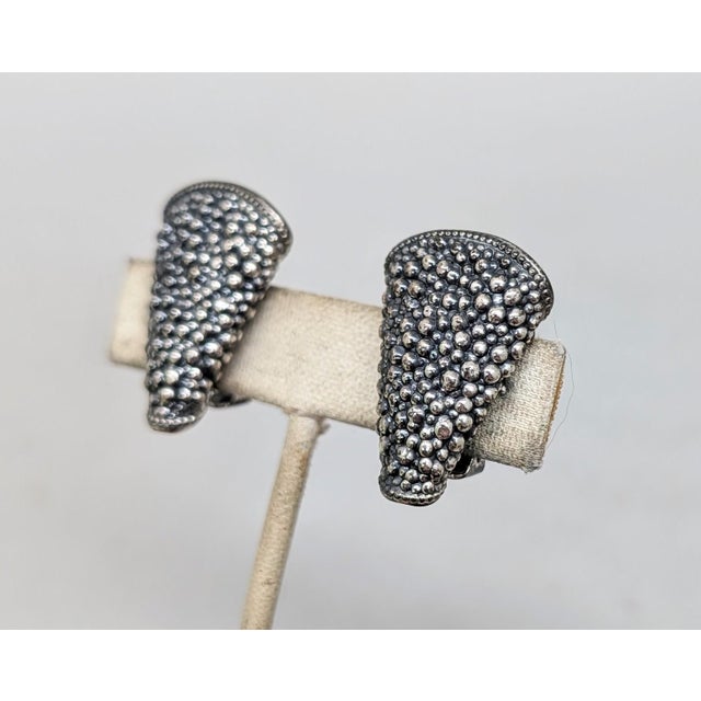 Napier Vintage 1950s Signed Napier Silvertone Bumpy Wedge Shaped Clip Earrings- 2 Pieces For Sale - Image 4 of 7