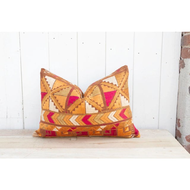Vivid Orange Silk Phulkari Pillow For Sale - Image 9 of 9