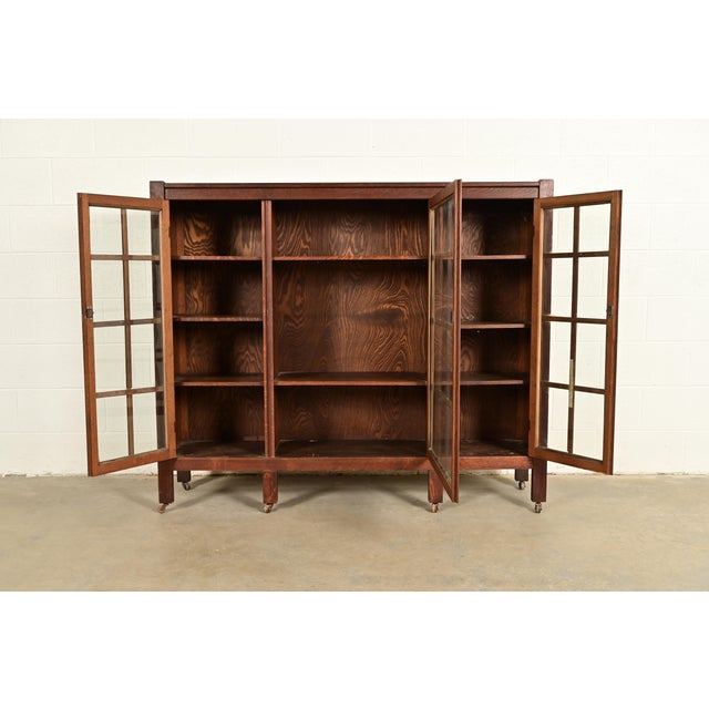 Early 20th Century Stickley Brothers Style Antique Mission Oak Arts & Crafts Glass Front Triple Bookcase, Circa 1910 For Sale - Image 5 of 11