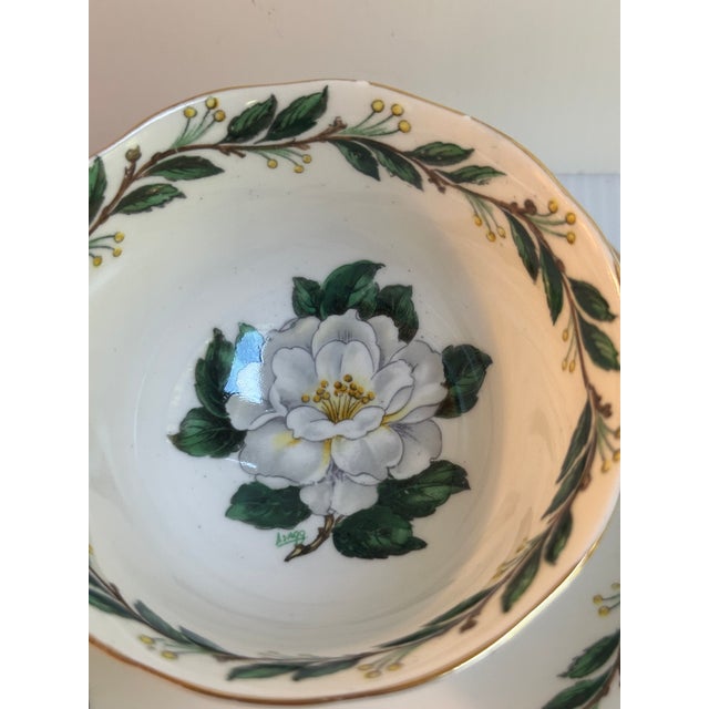 Vintage Royal Albert England "Lady CLARE"Sign A.Wagg Teacup and Saucer Set White Gardenia Green Leaves For Sale - Image 17 of 18