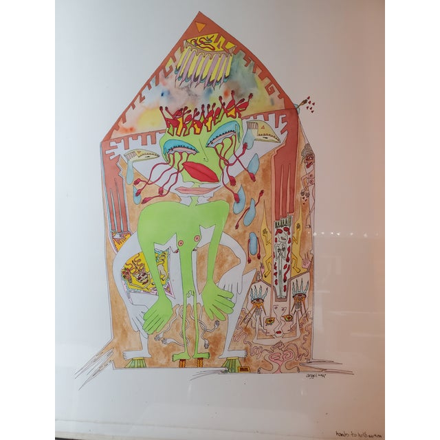 This surreal outsider-style line drawing and watercolor on paper is titled "Hands to Hold". The lines have a lot of energy...