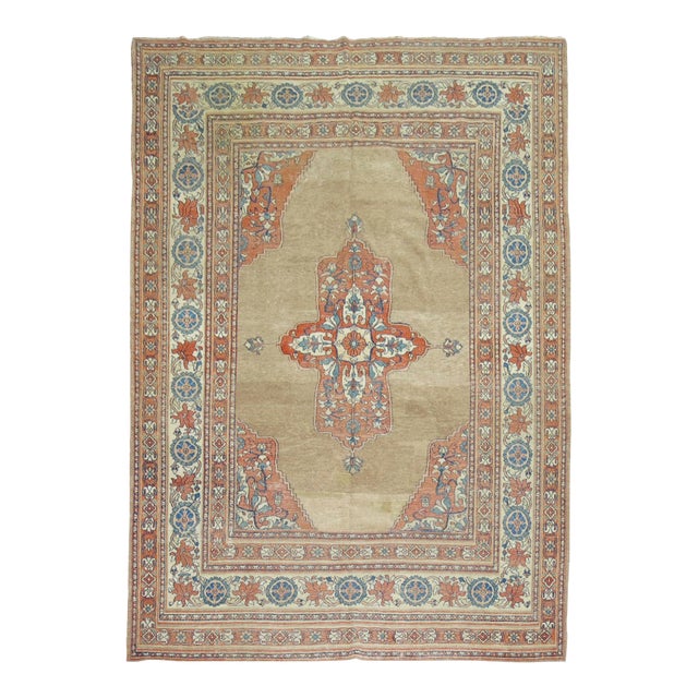 20th Century Camel Orange Blue Color Persian Open Medallion Room Size Rug - 7'6" x 9'8" For Sale