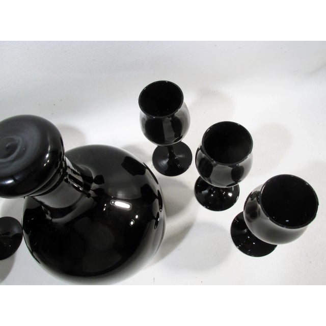 1970s 1970s Midcentury All Black Glass Wine Decanter & Goblets Set- 7 Pieces For Sale - Image 5 of 9