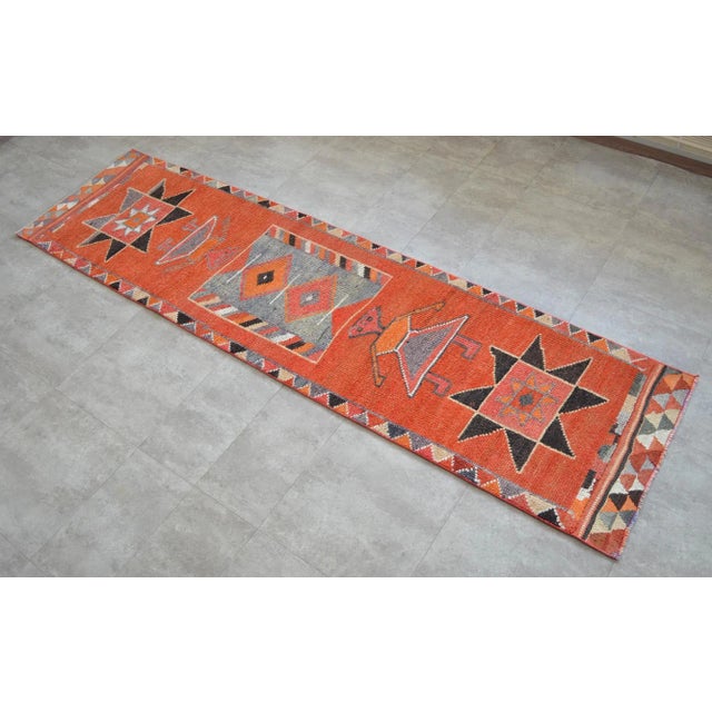 Hollywood Regency 1970s Vintage Hand Knotted Primitive Turkish Runner For Sale - Image 3 of 12
