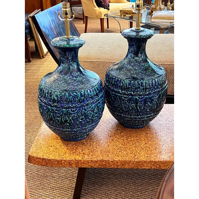 Ink Blue Large Pair 1960s Blue & Teal Drip Glaze Bulbous-Form Lamps With Textured Surface For Sale - Image 8 of 8
