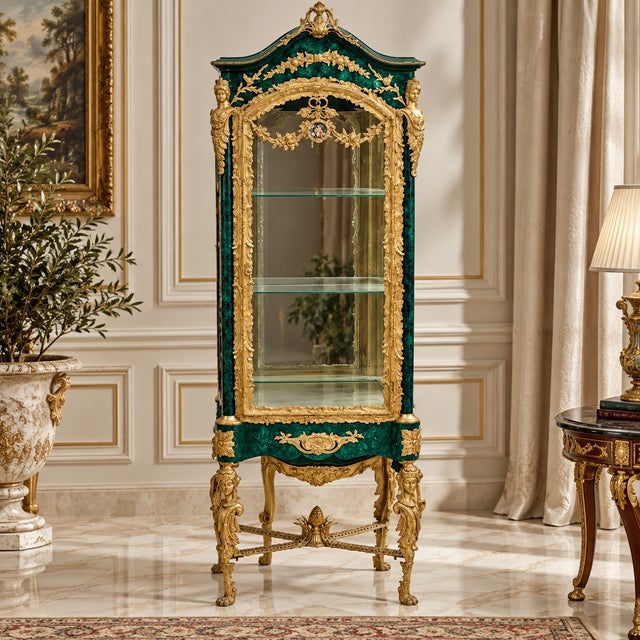 This magnificent French Louis XVI style vitrine features an elegant green finish beautifully accented with lavish gold...