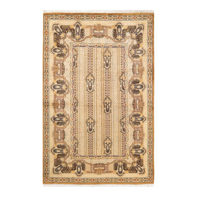 Eclectic, One-of-a-Kind Hand-Knotted Area Rug in Yellow, 4' 8" x 7' 2" For Sale