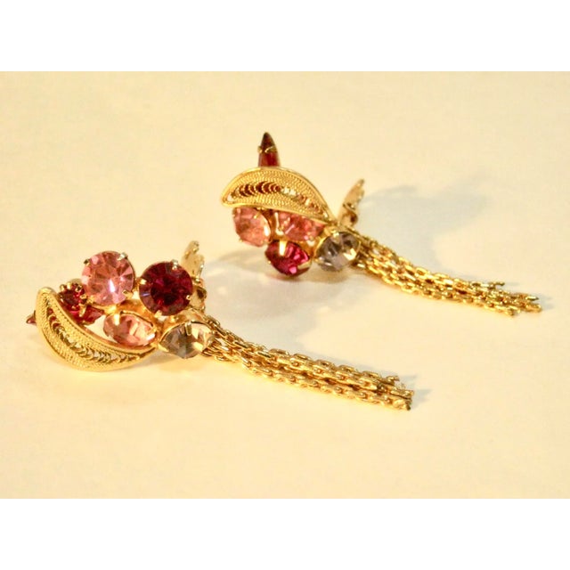 1960s Vintage Multi-Colored Glass Stones Gold Filigree Tassel Earrings, 2 Pieces For Sale - Image 4 of 5