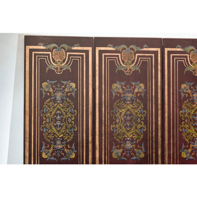 Late 20th Century Vintage Chinese Four-Panel Painted Screen in Dark Red Brown Finish For Sale - Image 5 of 10