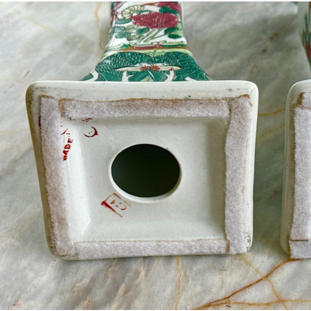 Ceramic Vintage Chinese Famille Verte Bok Choy Porcelain Candlestick Holders - A Pair For Sale - Image 7 of 14