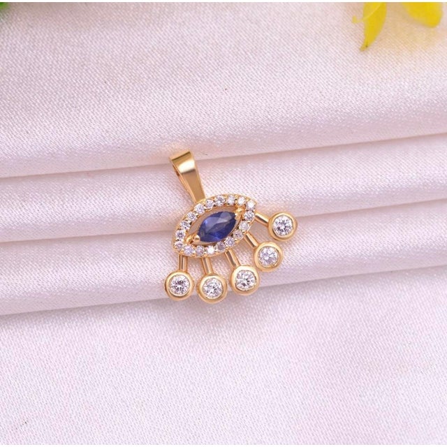 Solid 14k Gold Blue Sapphire Diamond Evil Eye Pendant