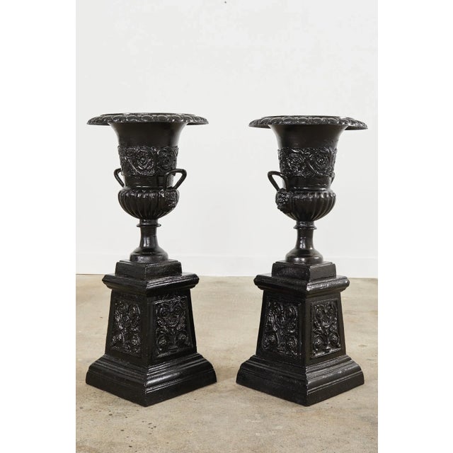 English Pair of Cast Iron Campana Form Garden Urns on Stands For Sale - Image 3 of 13