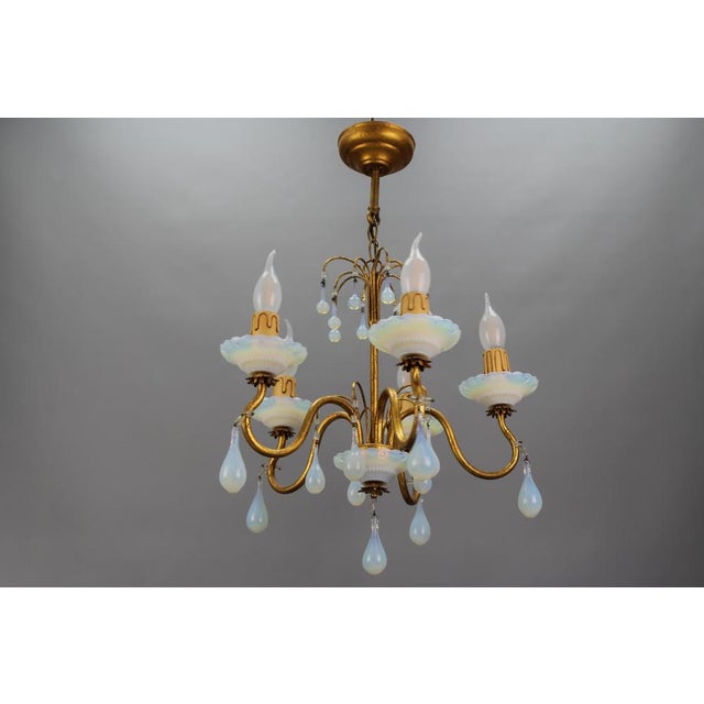 Italian Florentine Gilt Metal and White Opalescent Glass Five-Light Chandelier, 1970s For Sale - Image 14 of 18