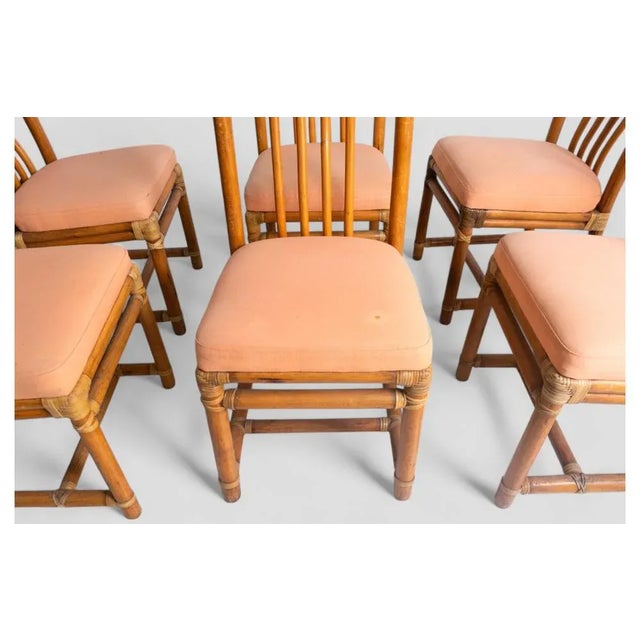 Vintage Bamboo Chairs with Peach-Colored Upholstered Seats, Set of 6 For Sale - Image 6 of 10