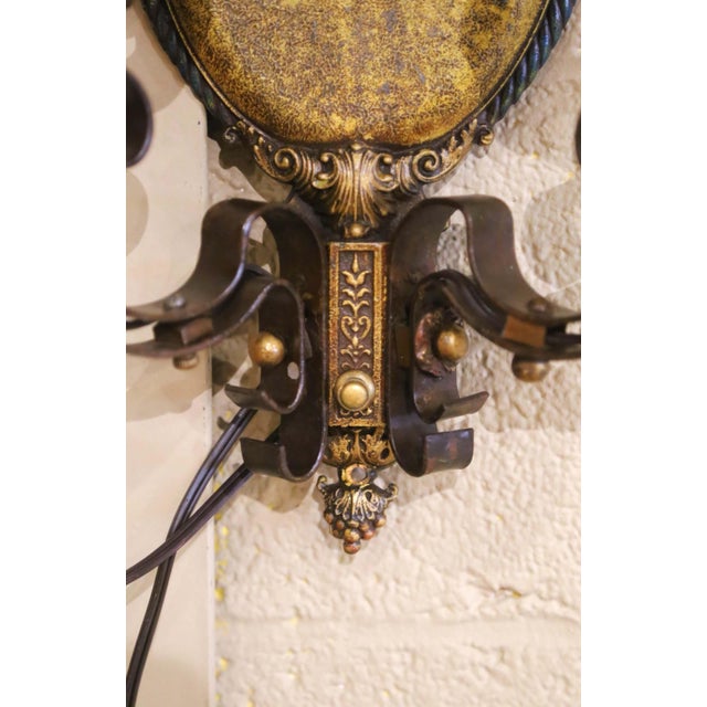Pair of Mid-Century American Renaissance Revival Iron Two-Light Sconces For Sale - Image 10 of 11