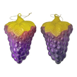 Vintage Hand Blown Glass Grape Cluster Christmas Ornaments – Purple and Yellow – Set of 2 For Sale