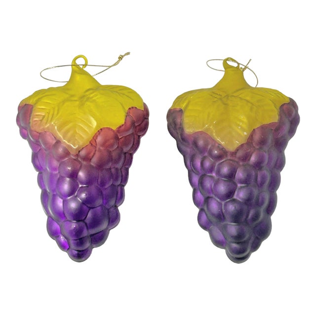 Vintage Hand Blown Glass Grape Cluster Christmas Ornaments – Purple and Yellow – Set of 2 For Sale
