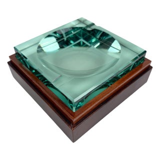 Mid-Century Italian Green Cut Glass and Leather Ashtray in the style of Fontana Arte, 1970s For Sale
