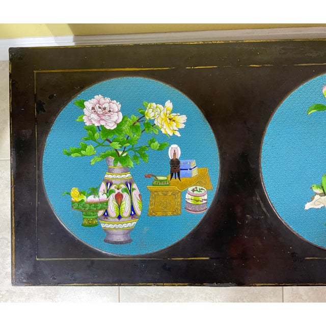 1920s Antique Lacquer Chinese Coffee Table With Three Colorful Cloisonné Medallion For Sale - Image 5 of 12