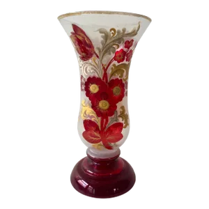 Vintage Bohemian Hand Blown Glass Vase With Gold Trim