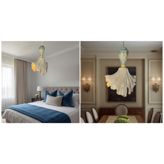 Vintage Light Blue Cream Goddess Ceramic Pendant Light For Sale - Image 11 of 18