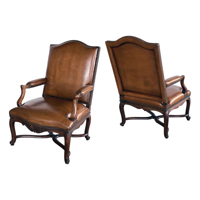 Pair Large French Regence Style Beechwood Leather Arm Chairs/Fauteuils For Sale