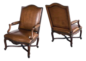 Pair Large French Regence Style Beechwood Leather Arm Chairs/Fauteuils