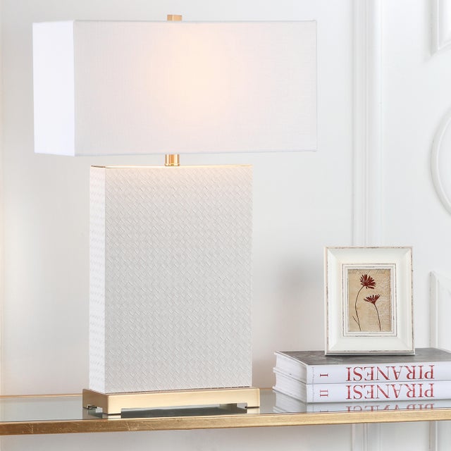 27.75-Inch H Faux Woven Leather Table Lamp in Cream - a Pair For Sale - Image 4 of 7