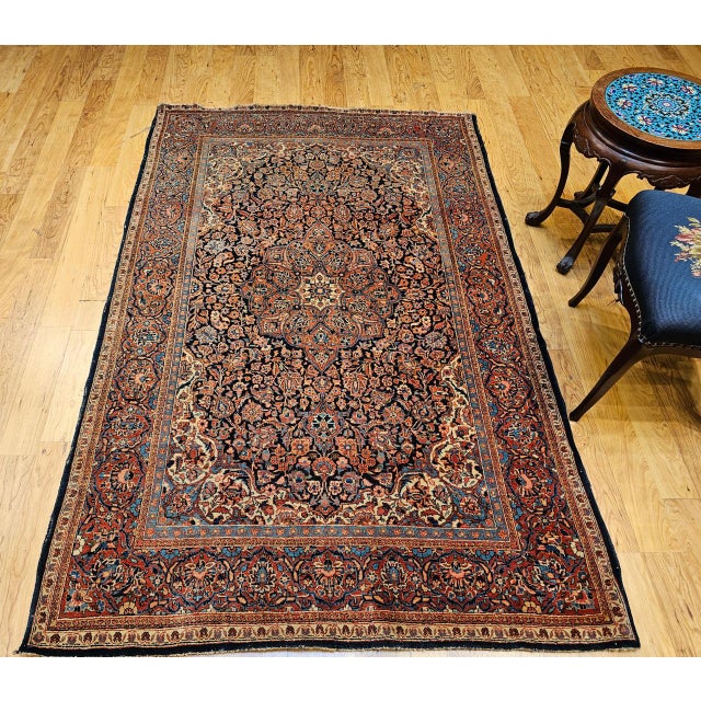 Vintage Persian Kashan Rug, Hand-Knotted Wool, Floral Pattern, Navy & Blue, 5x7 For Sale - Image 4 of 17