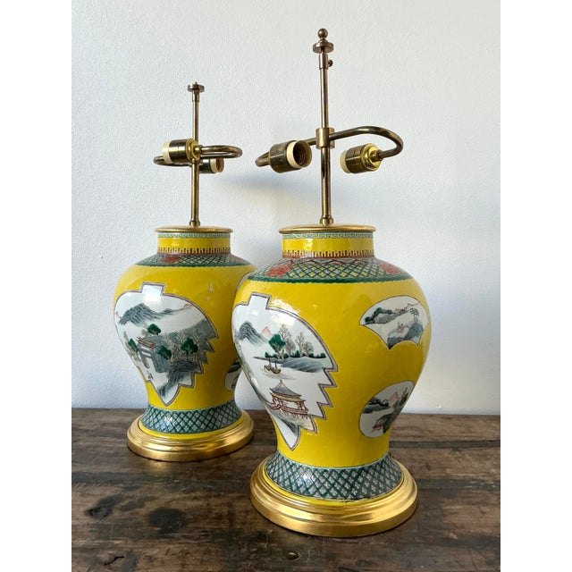 Yellow Vintage Asian Glazed Ceramic Pastoral Lamps - A Pair For Sale - Image 8 of 9