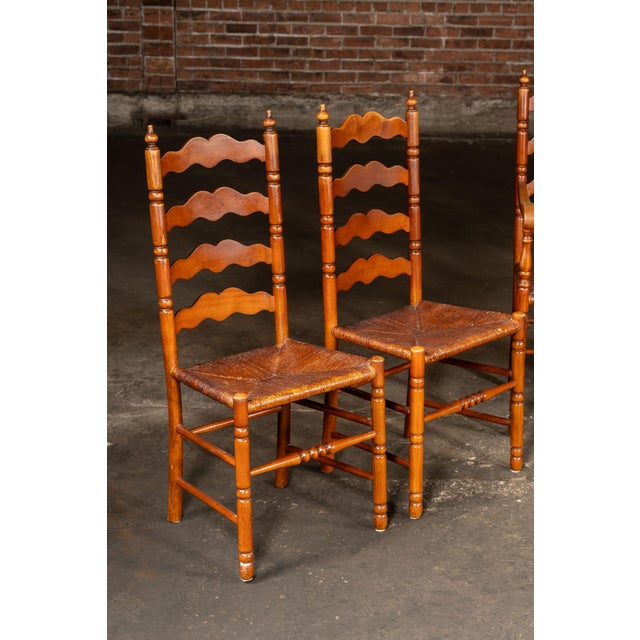 Set of Seven Mid-Century French Country Ladder Back Chairs With Rush Seats For Sale - Image 4 of 9