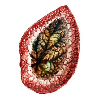 Antique 19th Century Majolica Begonia Leaf Dish in Reds & Browns For Sale