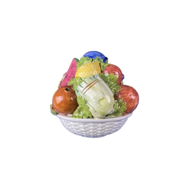 Mid 20th Century Large Vintage Terra Cotta Glazed Della Robbia Ceramic Woven Basket With Fruit Assortment For Sale - Image 5 of 8