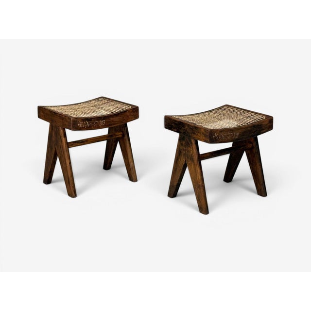 Wood Pierre Jeanneret, Low Cane Stools, Teak, Cane, Chandigarh, India, 1960s For Sale - Image 7 of 13