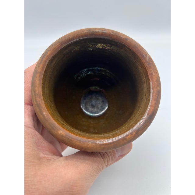 A Antique Folk Art Small Redware Crock With Lid, by Stahl's Pottery, Powder Valley, Pa, 1948 For Sale - Image 14 of 16