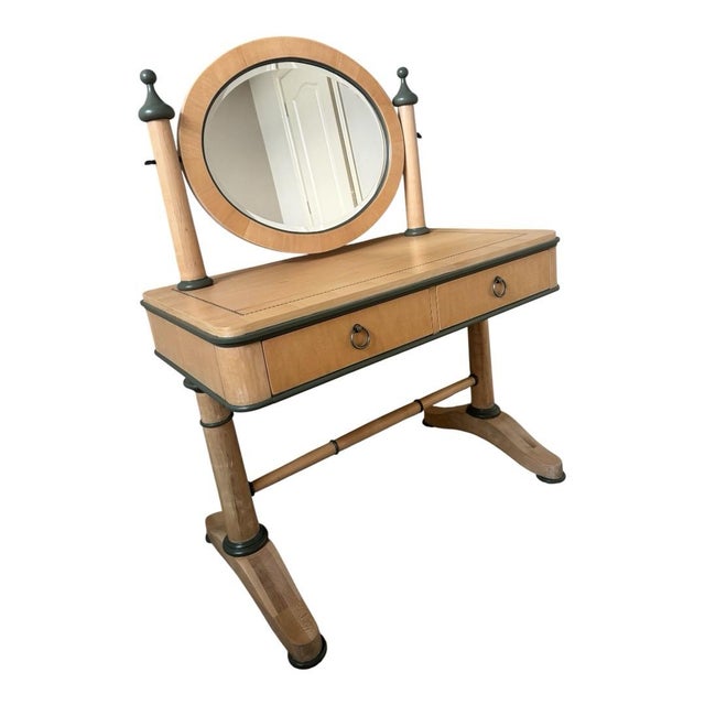 Beautifully restored vintage National Mt. Airy vanity crafted in maple and retaining its original round adjustable mirror...