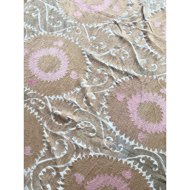 1960s Hand-Embroidered Large Neutral Tan Suzani Bedspread For Sale - Image 5 of 9