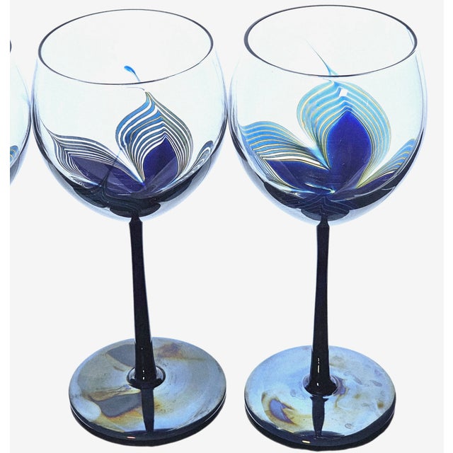 Glass Randy Strong Signed Cobalt Blue Feather Floral Wine Goblets, Set of 4, 1980 For Sale - Image 7 of 18