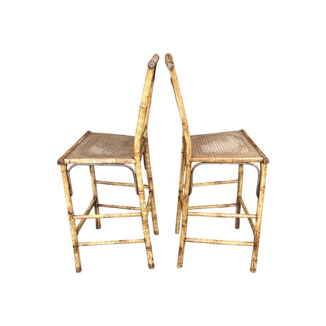 1960s Asian Pagoda Style Bamboo Table & Four Stools With Scenic Painted Panels For Sale - Image 10 of 15